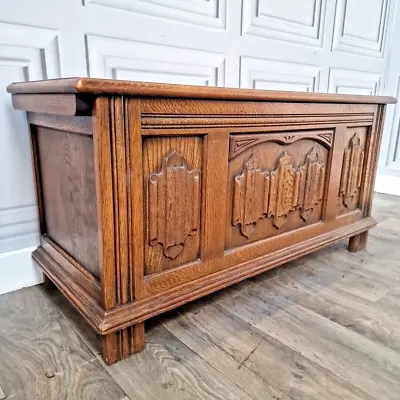 Antique Wood Bros Old Charm Linen Fold Blanket Box Mule Chest Trunk Table - Oak • £279.99