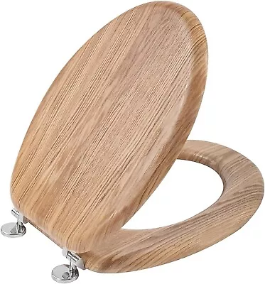 Antibacterial Wooden Toilet Seat Adjustable Hinges 45 X 37 X 5.6 Cm Solid Oak • £34.99