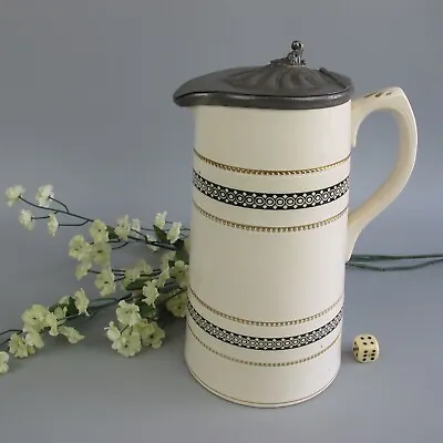 Victorian Pitcher / Jug W/Pewter Lid. Cream Ironstone Pottery. Antique. 1.2L 9  • £20.99