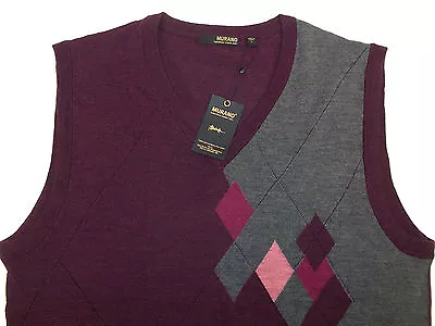 Murano Argyle Burgundy Zegna Baruffa Fine Merino Wool V-Neck Sweater Vest 85 NWT • $37.73