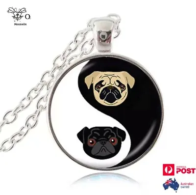 Yin And Yang Pug Glass Round Pendant Silver Chain Necklace • $8.99