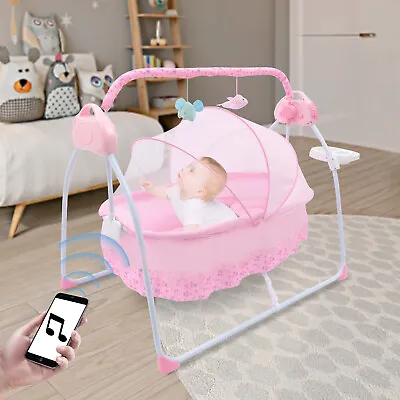 Portable Bluetooth Electric Baby Cradle Swing Bassinet Rocking Crib Infant Bed • £70.93