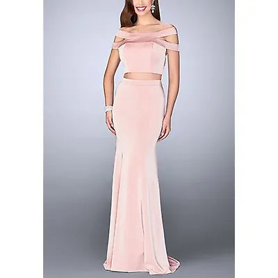 La Femme 24520 Off Shoulder Double Strap 2 Piece Jersey Dress Blush 2 • $98