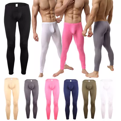 Mens Long Johns Ice Silk Underwear Bulge Pouch Sleep Bottoms Leggings Sport Pant • $13.85