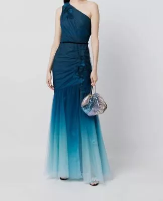 $795 Marchesa Notte Women's Blue Ombré One-Shoulder A-Line Dress Size 2 • $254.78