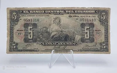 Scarce Ecuador Banknote   5 Sucres 1941  ~ CIRCULATED~  P-91a • $19.99