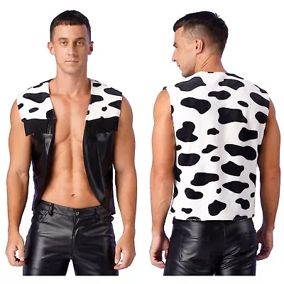 Mens Top Festival Vest Fancy Cowboy Theme Cow Print West Western Open Front • £15.97