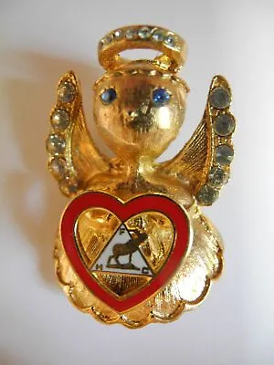 FHC Moose Lodge Vintage Angel Gold-tone Rhinestone Brooch Fraternal Heart Pin • $6.95