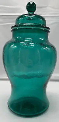 Vintage MCM Teal Blue-Green Glass Ginger Apothecary Jar Canister With Lid 12  • $32