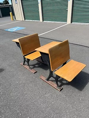 Vintage Antique A.H. Andrews Co Chicago Wrought Iron Wood School Desk 3L-3R • $200