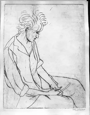 Pensive Down Looking Young Man Etching. M. Glaser Signature • $20