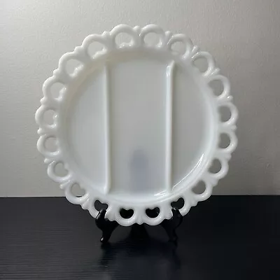 Vtg ANCHOR HOCKING 13  Milk Glass Divided Platter W/ Heart Lace Scallop Edge • $32