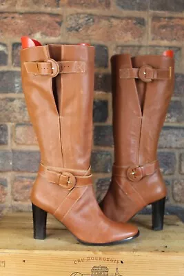 Brown Leather Block Heel Tall Boots Size 6 Eee / 40 Wide Fit By Viva La Diva • £16