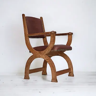 1950s Danish Design Reupholstered Armchair Natural Brown Leather Oak Wood. • $1600