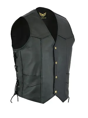 Men Classic Side Laces Sleeveless Motorcycle Biker Leather Waistcoat Vest Black • £25.48