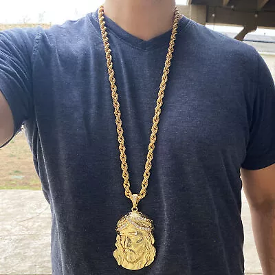 Men's Huge Jesus Head Pendant Hip Hop Chain 14K Gold Plated Rope Necklace 36  • $49.95