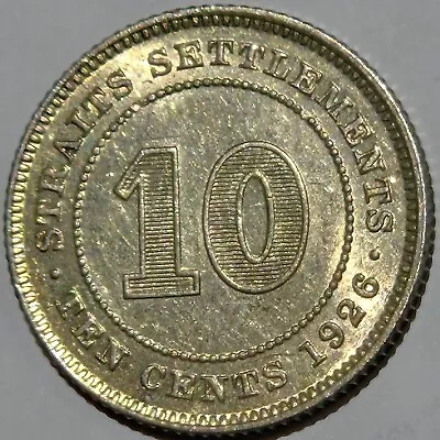 1926 BRITISH STRAITS SETTLEMENTS GEORGE V SILVER 10 CENTS KM29b HIGH GRADE TONED • $0.99