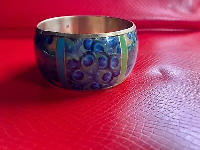 Vintage Brass Bangle Hand Painted Enamel Peacock Motif Turquoise • $7.99