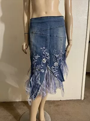 Blue Denim Casual Beaded Lace Embroidery Hippie Zip Boho Size M(6-8) Skirt 3310 • $30