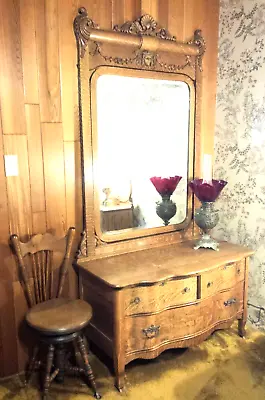 Antique Quarter Sawn Tiger Oak 85 H Mirror Dresser Serpentine 3 Drawers Claw Fit • $1699.99