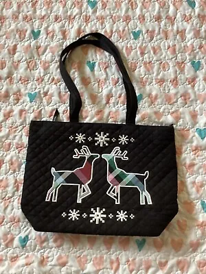 Vera Bradley Small Vera Tote Bag NORDIC Deer Ribbons Black Purse Handbag • $45