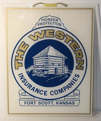 1970s Old Vintage Western Insurance Company Pioneer Wood Log Cabin Sign Kansas • $34.99