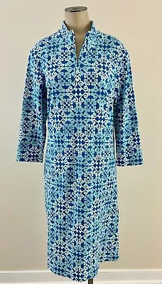 J MCLAUGHLIN Sz Large Blue Print 1/4 Zip 3/4 Sleeve Catalina Cloth Stretch Dress • $30.59