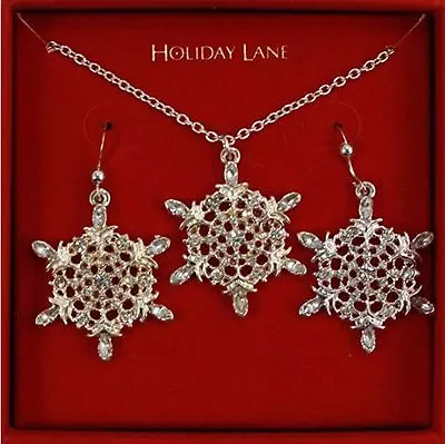 Macy's Holiday Lane Silver-Tone Snowflake Pendant Necklace And Dangle Earring Se • $3.59