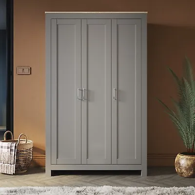 3 Door Wooden White/Grey Wardrobe Closet Organiser Drawer Storage Cabinet • $289