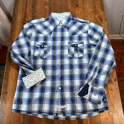 John Lennon Shirt Mens Large Blue Plaid Button Up Flip Cuff English Laundry • $24.99