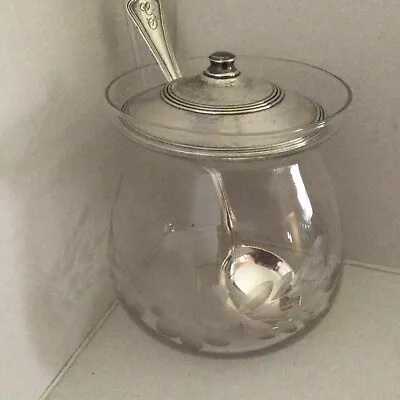 Vintage Etched Glass Jelly/jam Jar With Silver Lid And Silver Spoon • $55