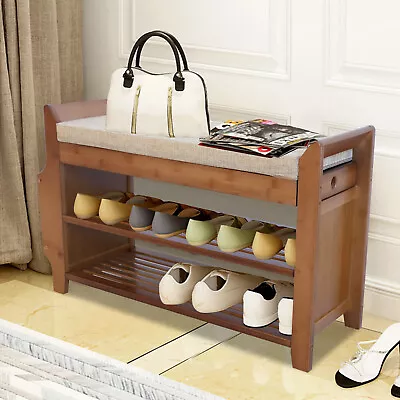 2-Tier Modern Bamboo Shoe Bench Vintage Shoe Rack Organizer With Drawer & Basket • $73.15