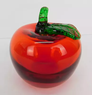 Vtg Art Glass Red Apple W/Green Leaf Paperweight Hand Blown Murano Style 3  Tall • $24.75