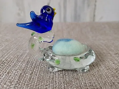 Vintage Pin Cushion Glass Blue Bird & Turtle Sewing Supplies Small Hand Blown • $21.04