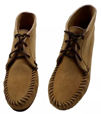 Minnetonka Brown Tan Suede Chukka Moccasin Booties Lace Up Rubber Sole  Sz 8.5 • £38.60