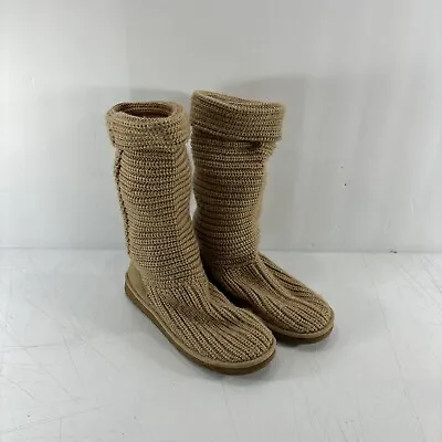 UGG Australia Womens Knit Cardy Boots Brown Crochet Sheepskin Tan 5817 Size 7 • $19.95