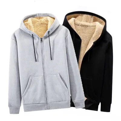 Mens Fleece Fur   Hooded Jacket Coat Zip Warm Hoodie Sweatshirt M-5XL SIZES D • £12.71