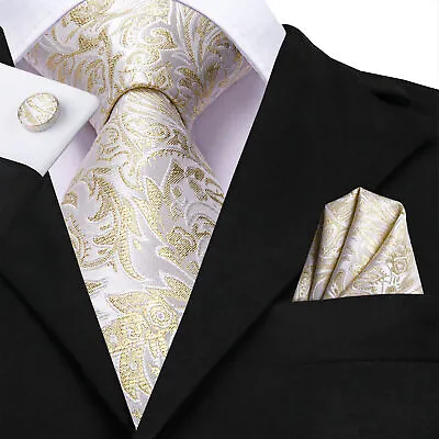 Mens Tie Classic Silk Necktie Pocket Square Cufflinks Set Paisley Floral Wedding • £6.99