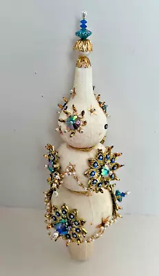 Vintage Styrofoam Christmas Tree Topper Beads Sequins Beaded Handmade Blue White • $17