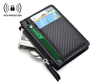 Genuine Leather Slim Card Holder Mini Wallets For Men Carbon Fiber RFID Blocking • $8.98