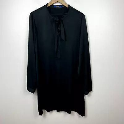 Polo Ralph Lauren Women's Black Satin Shift Dress Size 14 Neck Tie Long Sleeve • £48.14