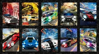 Fast And Wild  Cars Cotton Fabric Racing Muscle  Studio E  By The Panel 23 By 44 • $8.99