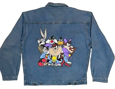 Looney Tunes Vintage Denim Jacket Mens Large Blue 90s Y2K Long Sleeve • $35