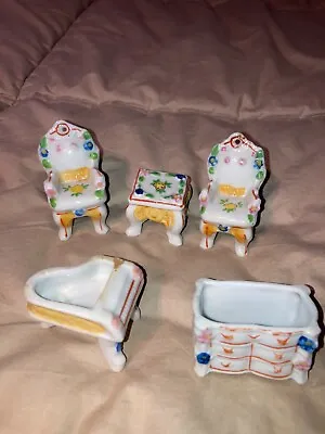Vintage Japan Miniature Ceramic Furniture Chairs - Table - Piano - Dresser  NICE • $49