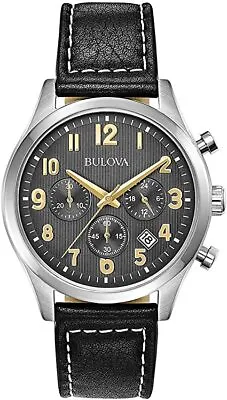 Bulova Men's Quartz Chronograph Black Leather Calendar Watch 41mm 96B302 • $94.99