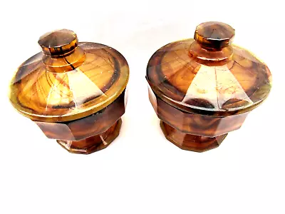 Vintage Davidson Cloud Glass - Amber / Brown Colour - Pair Of Glass Powder Pots • £14.99