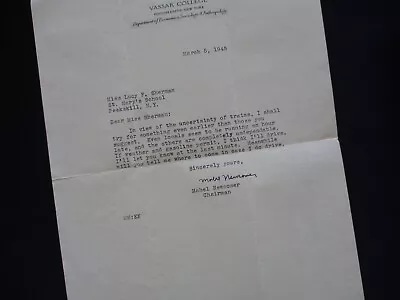 1945 MABEL NEWCOMER (Chairman) Vassar College PoughkeepsieN.Y. Signed Letter!!! • $49.99