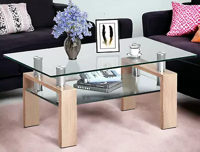 Glass Coffee Table With Storage Rectangle Living Room Wooden Legs Furniture • £49.99