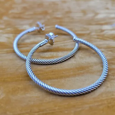 David Yurman Classic Cable Crossover Hoop Sterling Silver Thin Earrings 2  Inch • $222
