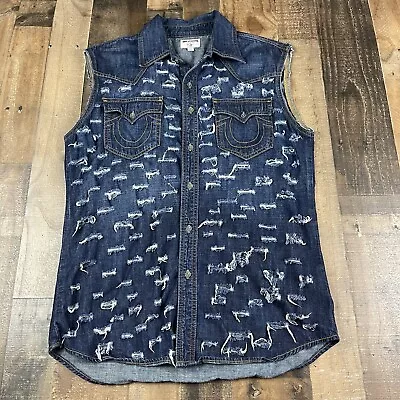 True Religion Distressed Western Blue Mens Biker Vest Size Large 100% Cotton • $62